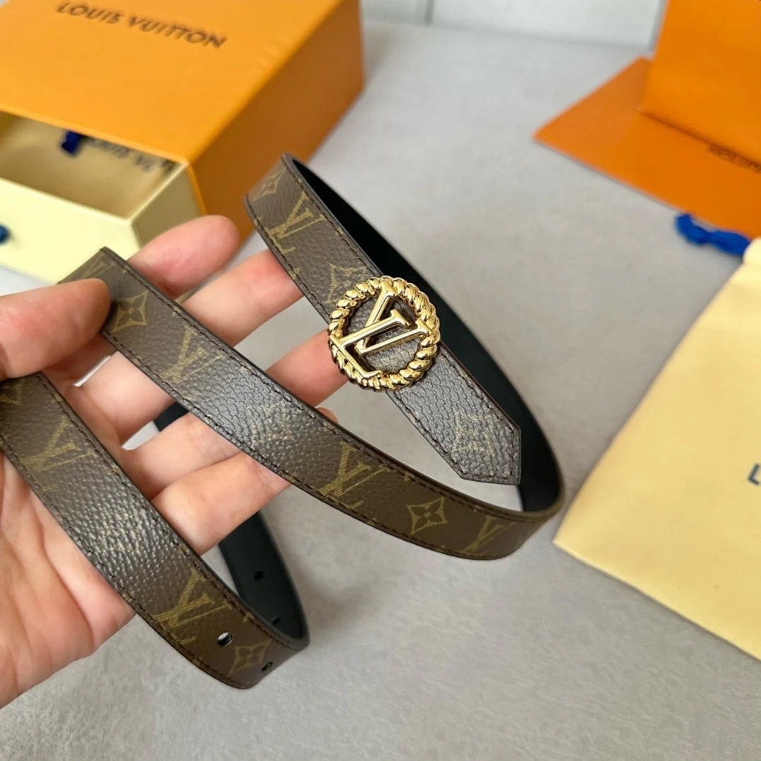 LV Circle Nautical 20mm Reversible Belt Gold Buckle Black Brown Lambskin