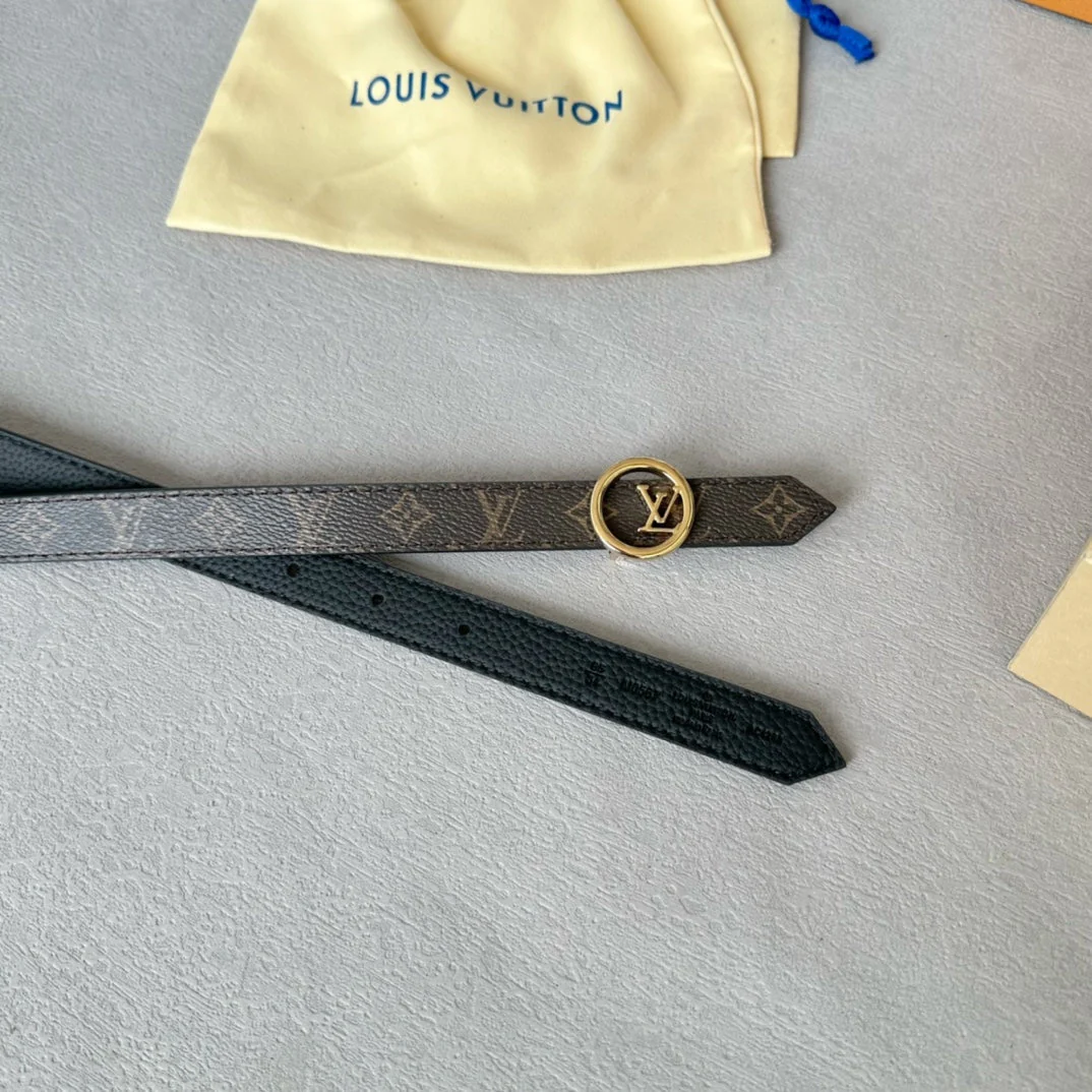 LV Circle 20mm Reversible Belt Gold Buckle Black Brown Leather