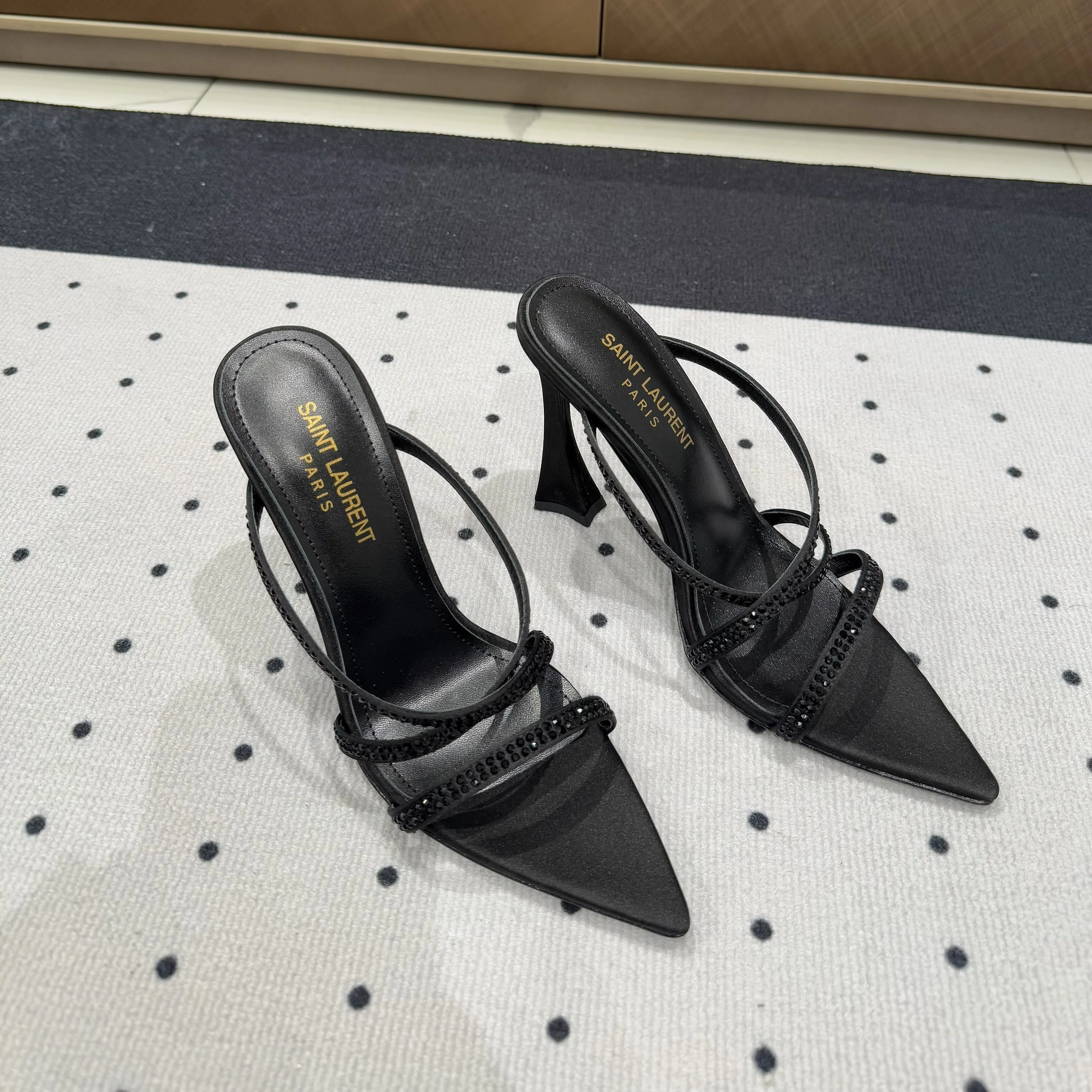 HIGH CRYSTAL STRAP SANDALS IN BLACK SILK