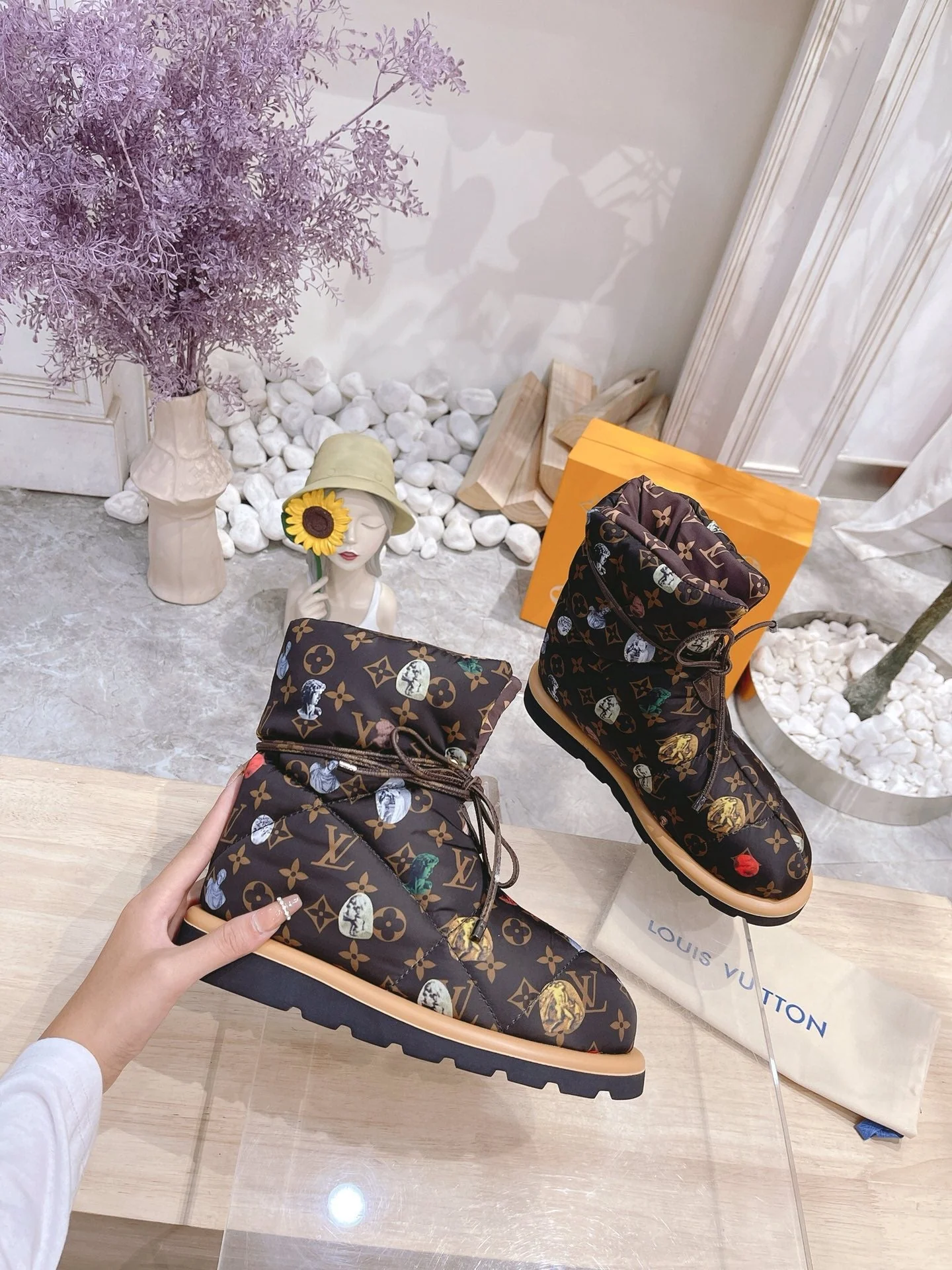 PILLOW COMFORT ANKLE BOOTS IN CHOCOLATE BROWN MONOGRAM NYLON