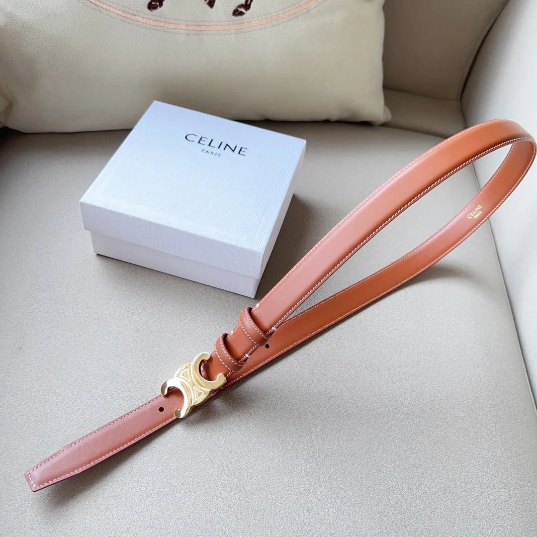 Medium Triomphe Belt 25mm Tan Calfskin White Line Finishing Ghw