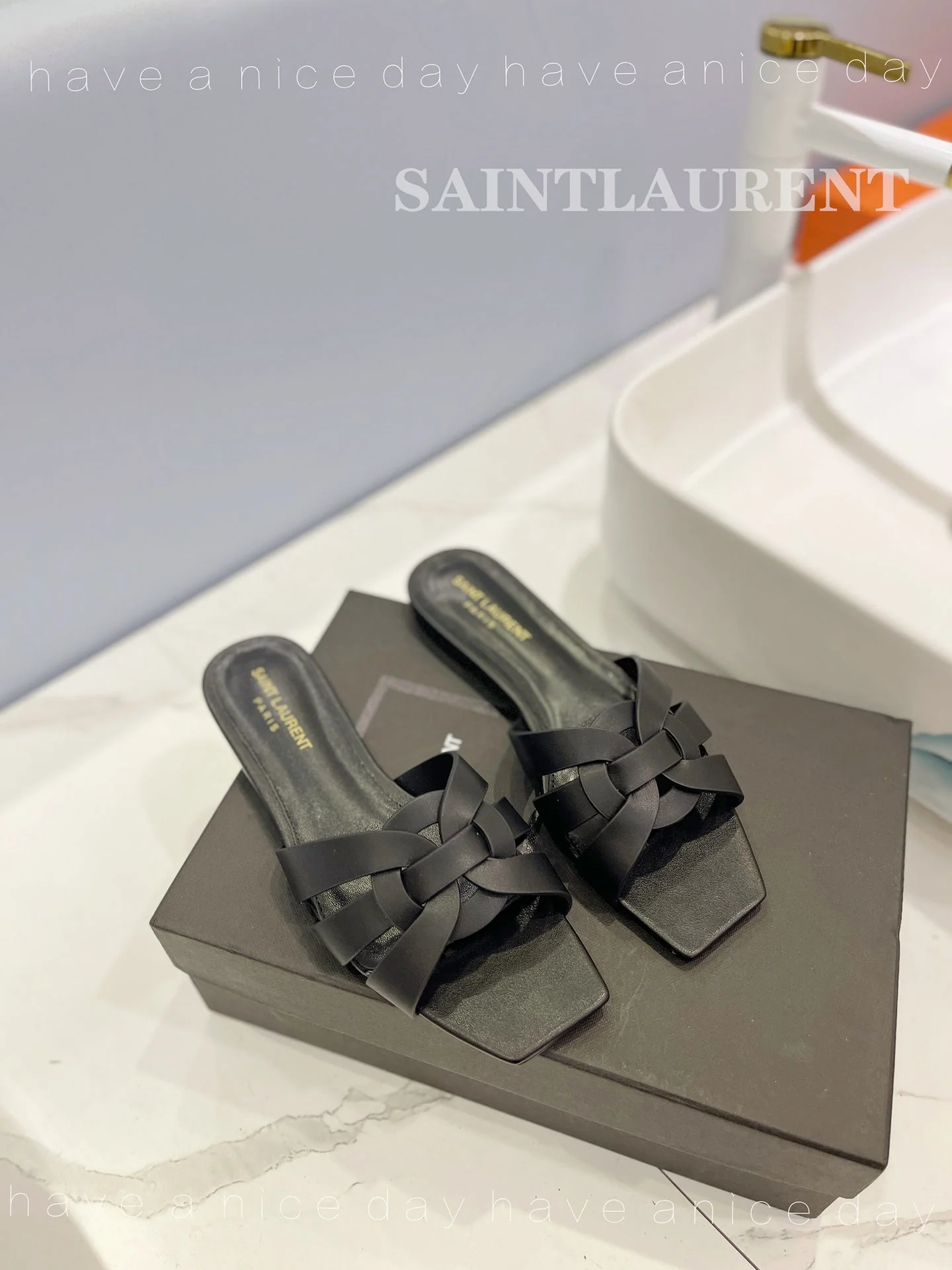 SL TRIBUTE SLIPPERS BLACK CALFSKIN