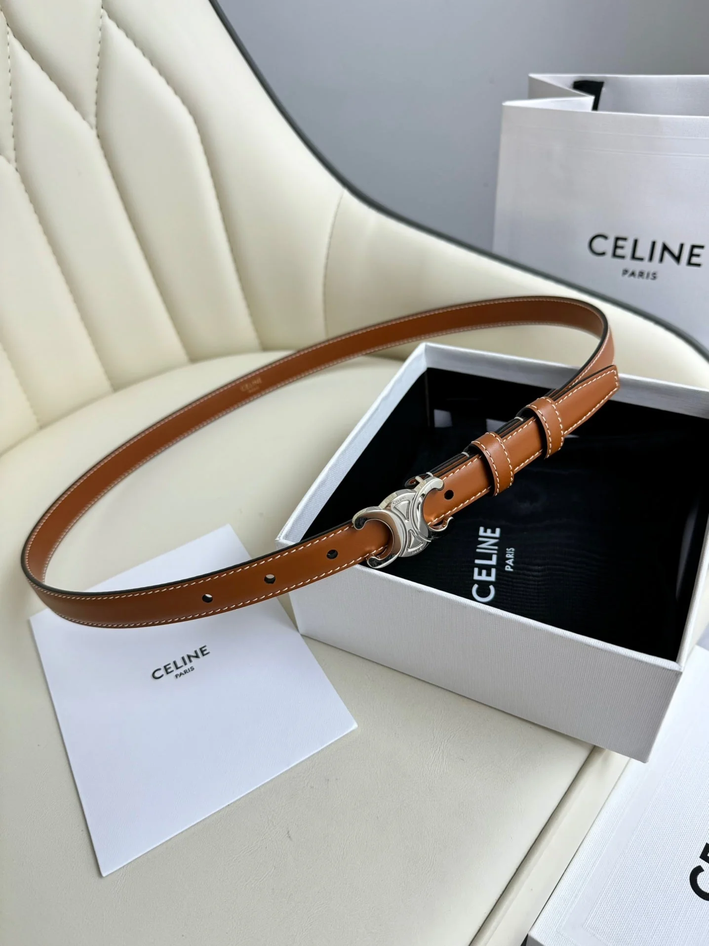 MINI TRIOMPHE BELT 13 MM BRONZE BROWN LEATHER SILVER HARDWARE