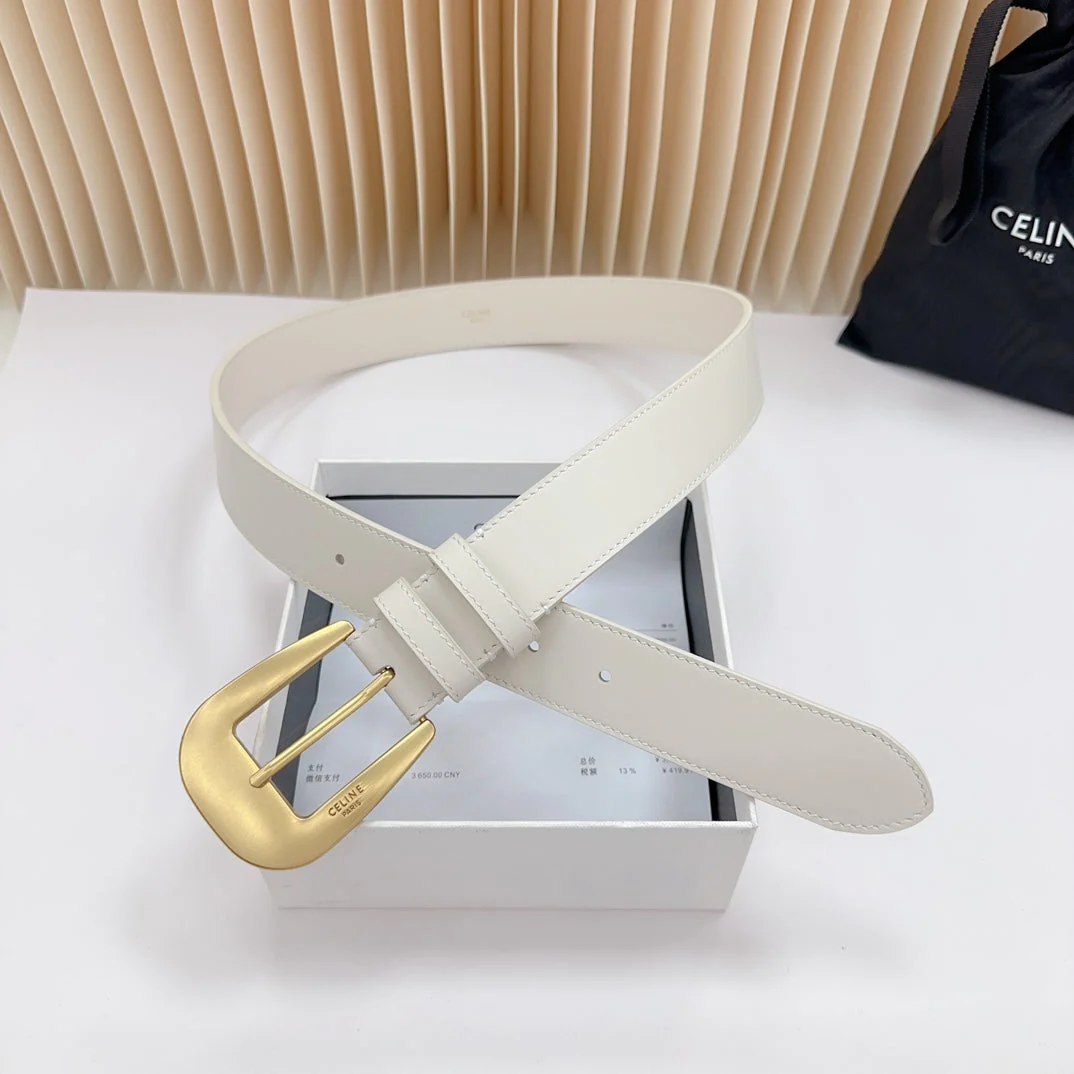 LARGE WESTERN 35 MM BELT WHITE CALFSKIN GOLD HARDWARE