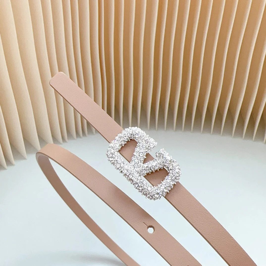 VL Belt 8mm Buckle Silver Diamond Leather Beige