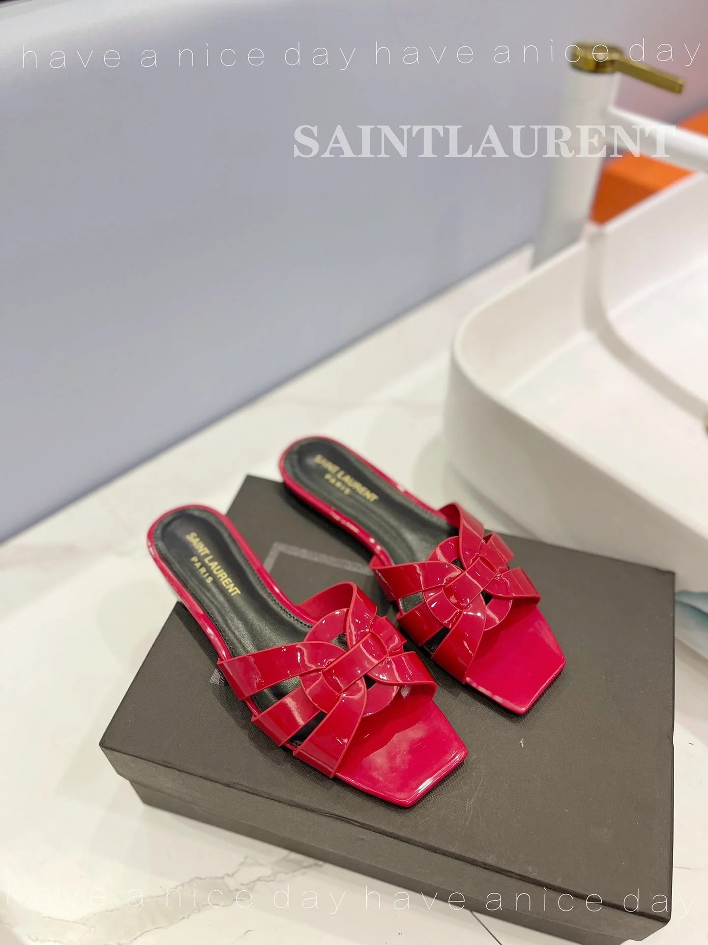 SL TRIBUTE SLIPPERS GLOSSY RED CALFSKIN