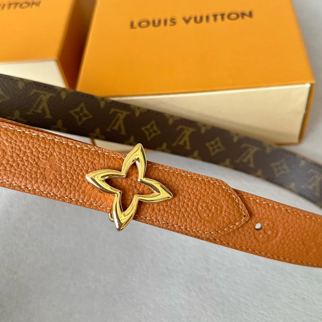 LV  MINI FLOWERGRAM 30MM REVERSIBLE BELT IN BRONZE BROWN EMBOSSED CALFSKIN GOLD HARDWARE