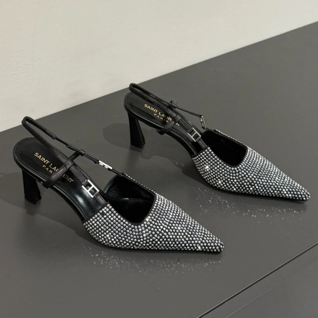 HIGH SLINGBACKS POINTED-TOE IN BLACK LAMBSKIN WITH SILVER CRYSTALS
