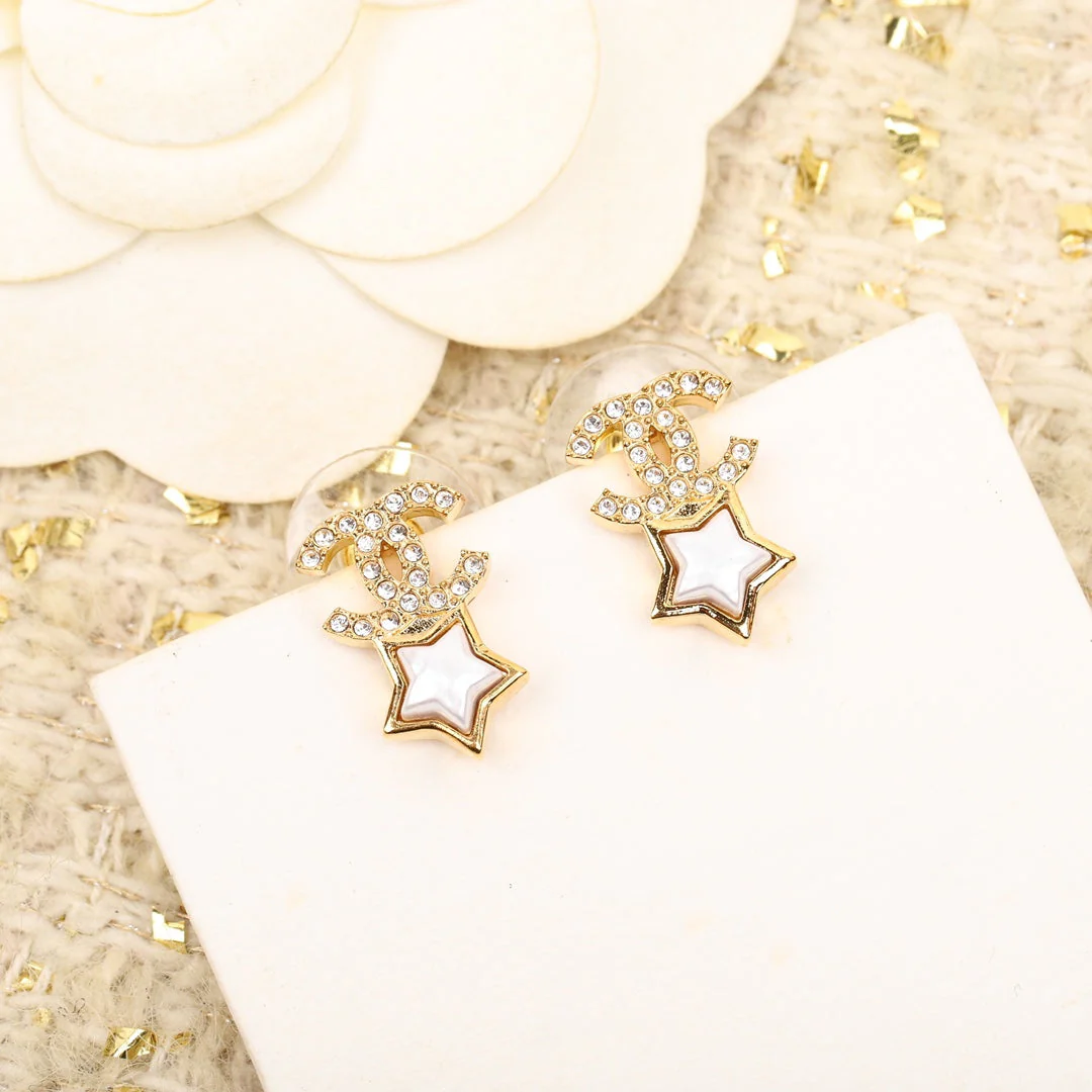 DOUBLE C STAR MOP DIAMONDS GOLD EARRINGS