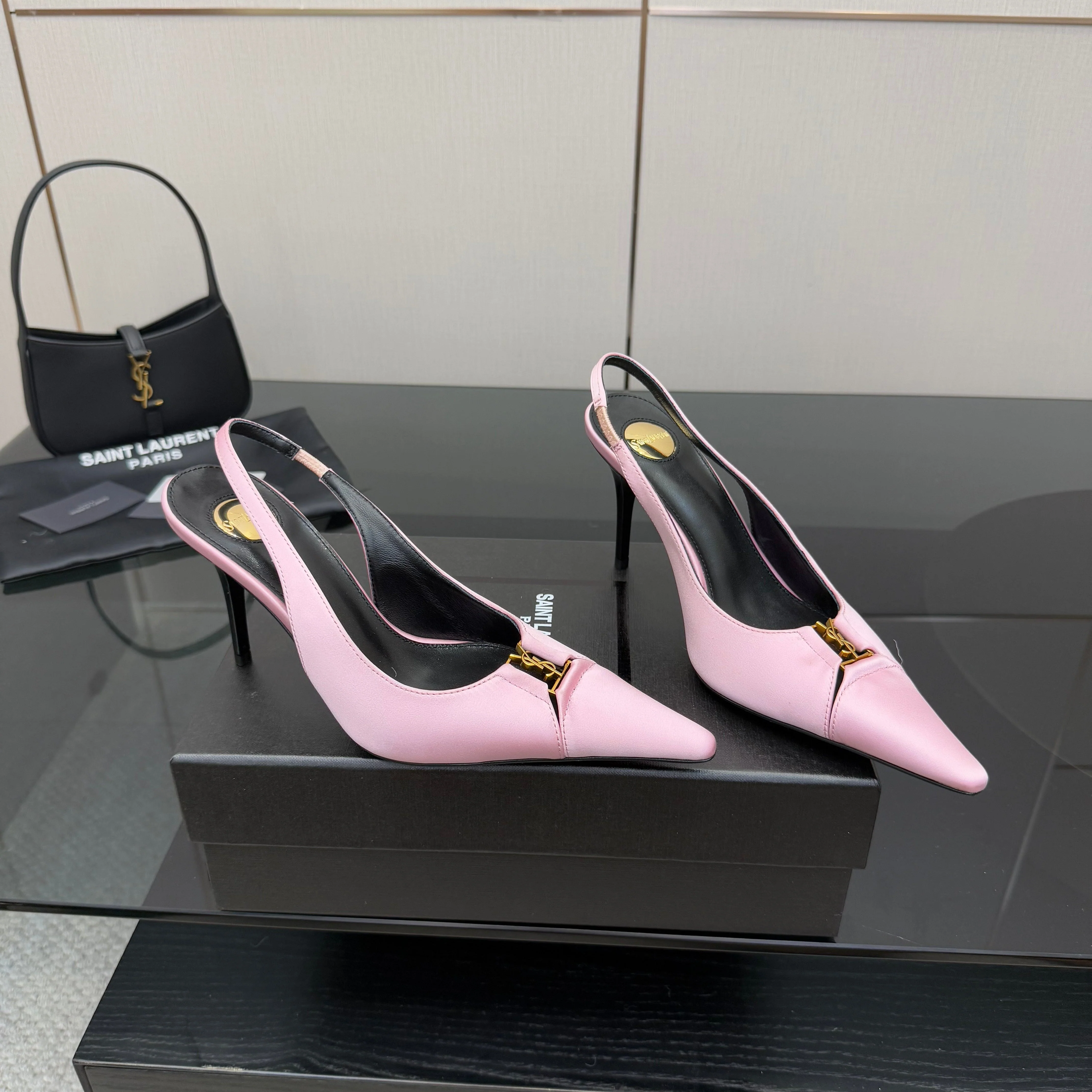 YSL 25S SLINGBACK HIGH HEELS 90 MM IN PINK SATIN WITH GOLD HARDWARE STYLE 17