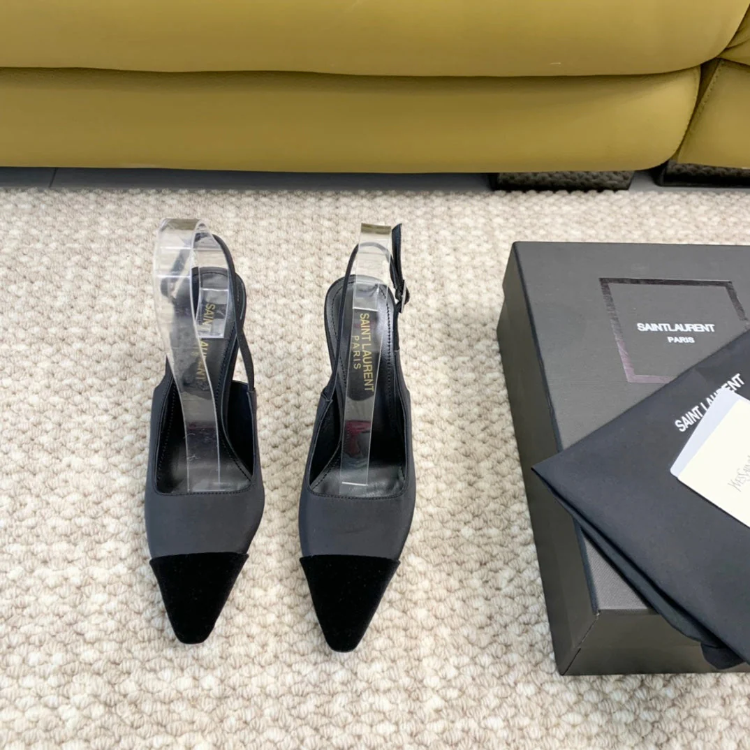 SL CAP-TOE SLINGBACKS BLACK SATIN AND VELVET