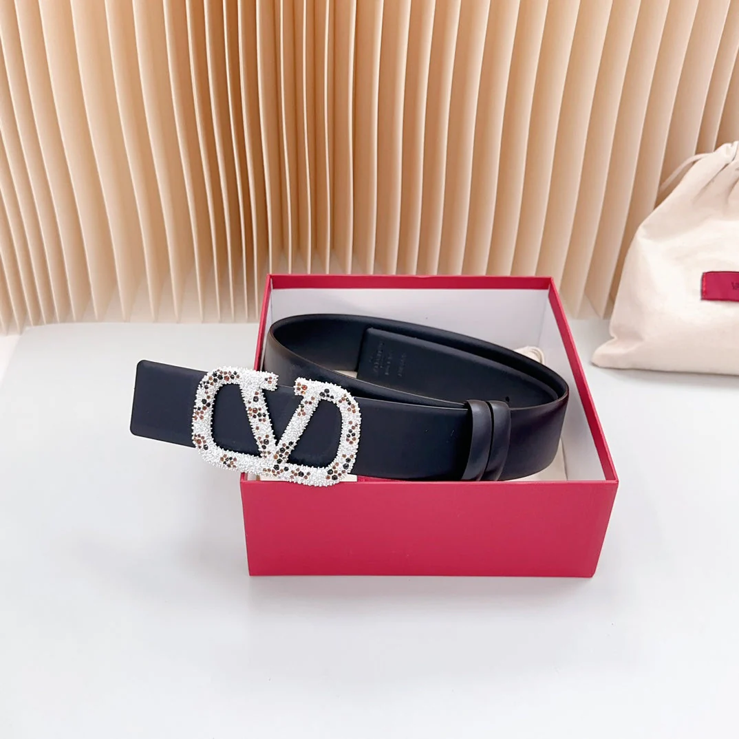Vlogo Brown Black White Stone Silver Buckle Belt 40mm Black Leather