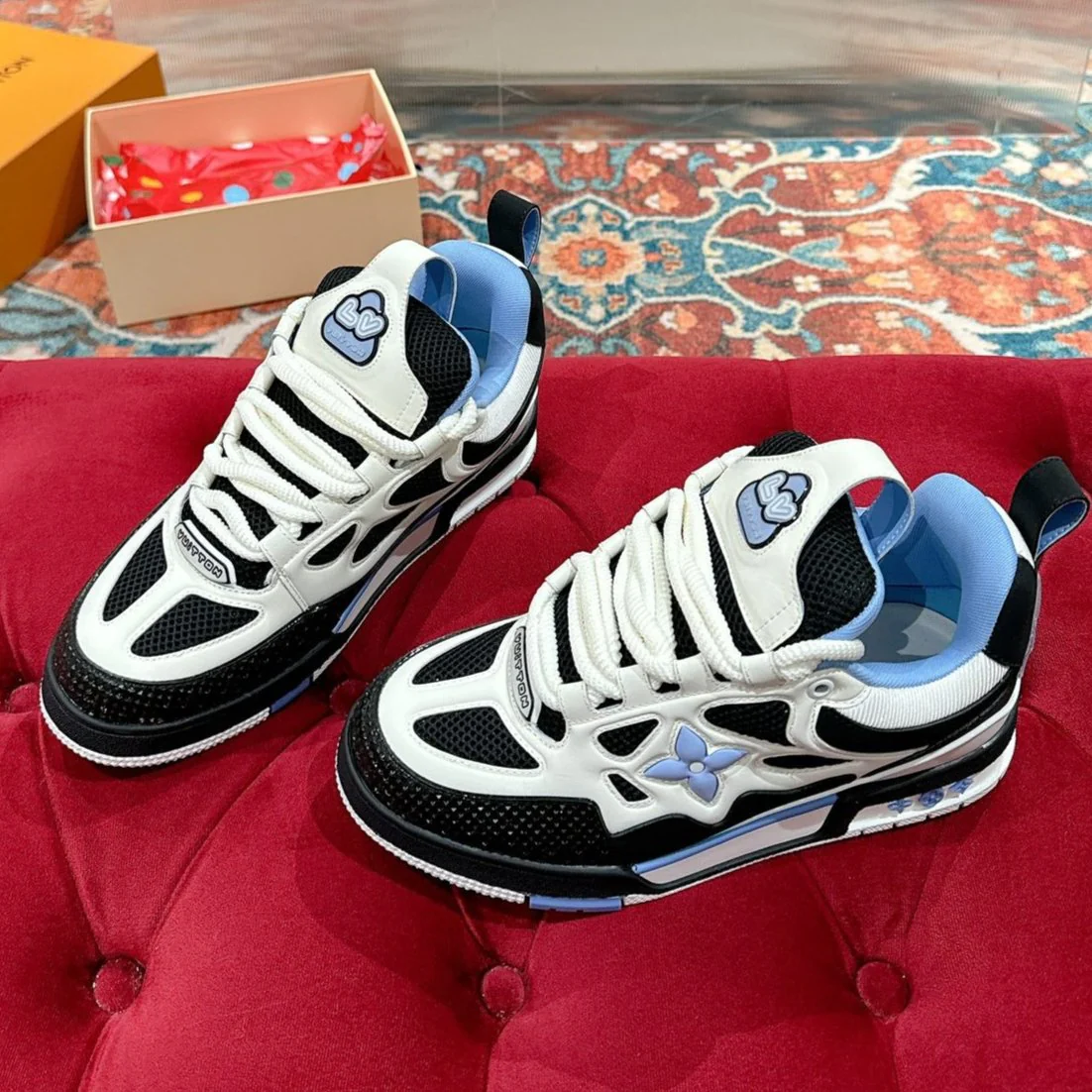 LV SKATE SNEAKER IN WHITE MIX BLACK AND SKY BLUE CALFSKIN