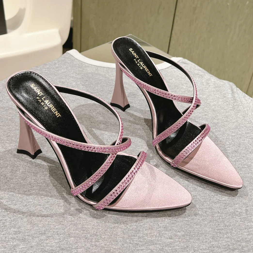 HIGH HEEL MULE 10 CM IN BABY PINK SATIN WITH RHINESTONES