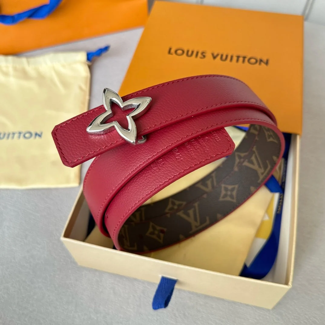 LV  MINI FLOWERGRAM 30MM REVERSIBLE BELT IN BLOOD RED CALFSKIN SILVER HARDWARE