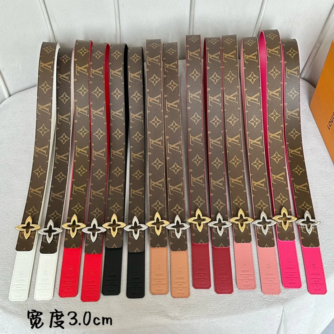 LV  MINI FLOWERGRAM 30MM REVERSIBLE BELT IN BLOOD RED CALFSKIN SILVER HARDWARE