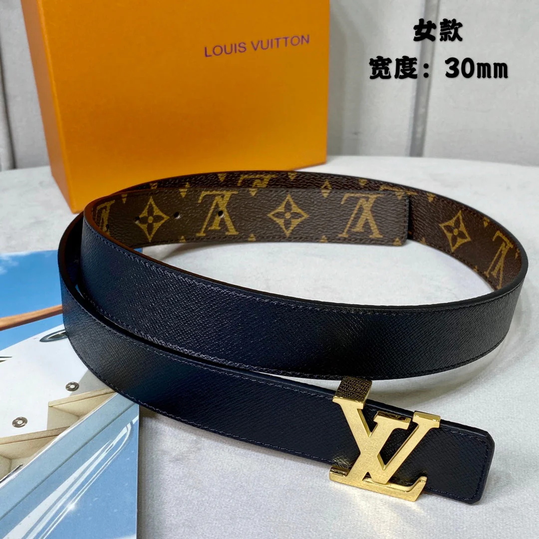 LV INITIALES 30 MM REVERSIBLE BELT IN BROWN MONOGRAM AND BLACK CALFSKIN GOLD HARDWARE