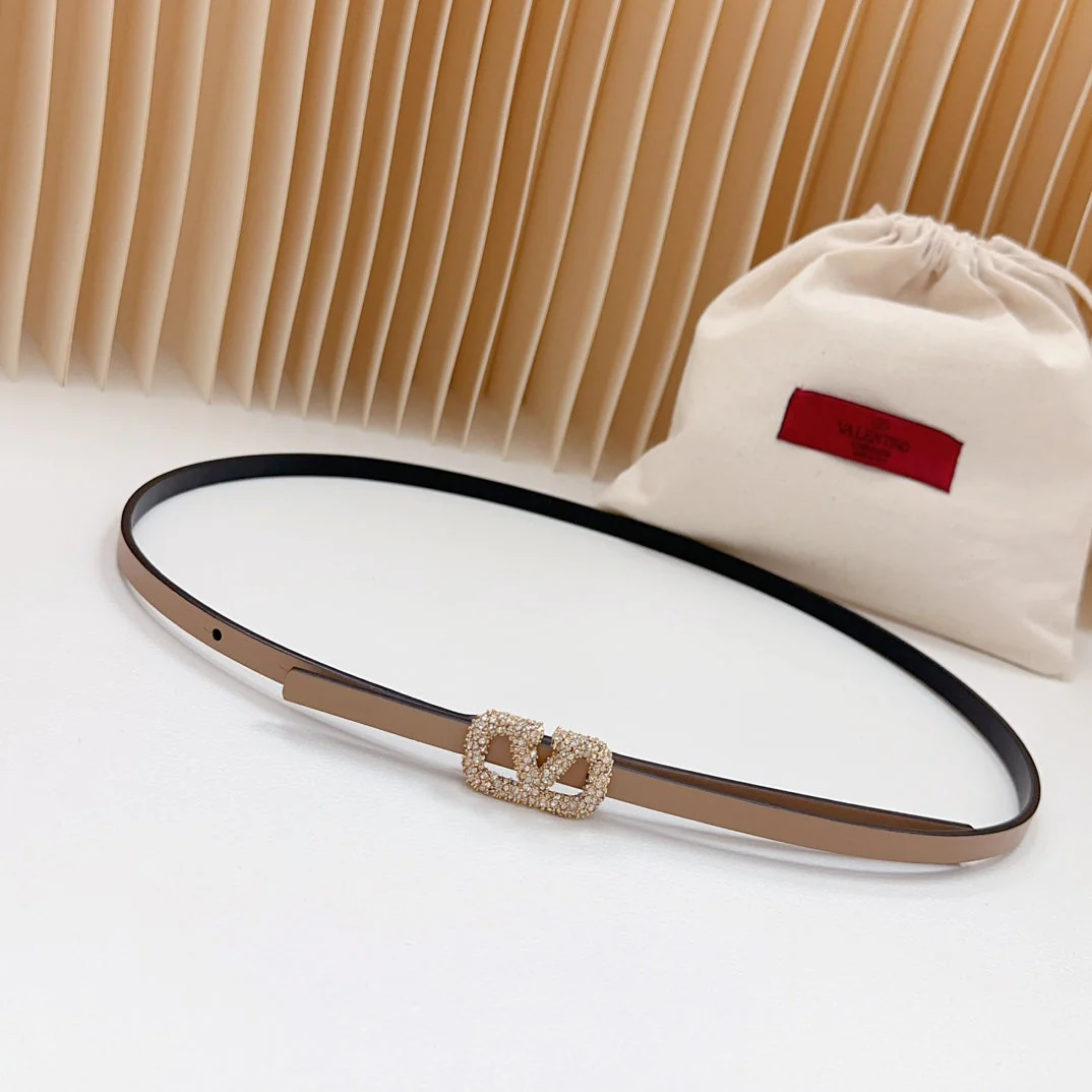 VL Belt 8mm Buckle Gold Diamond Leather Beige Black