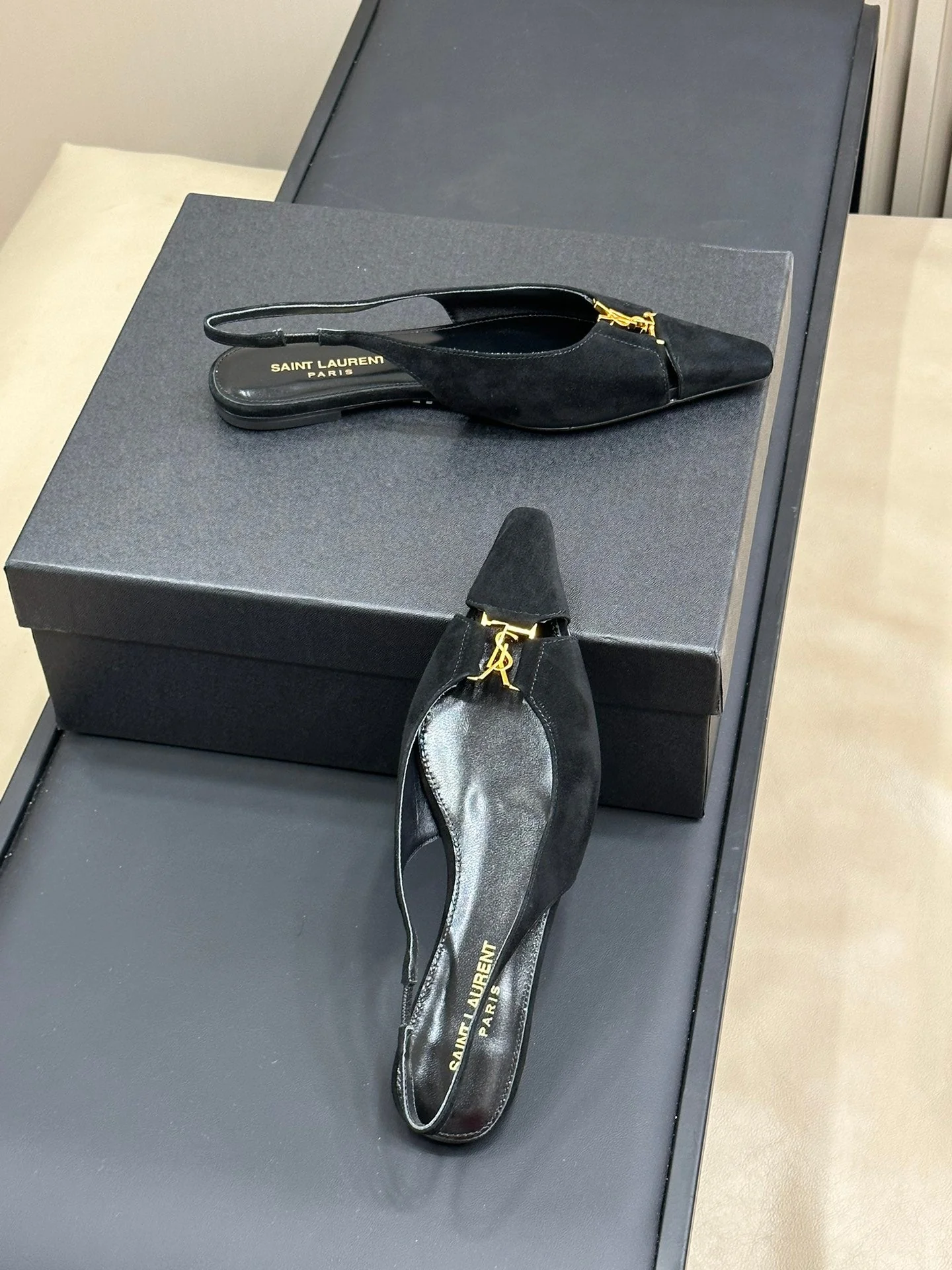 SL BABYLONE SLINGBACK FLAT BLACK SUEDE