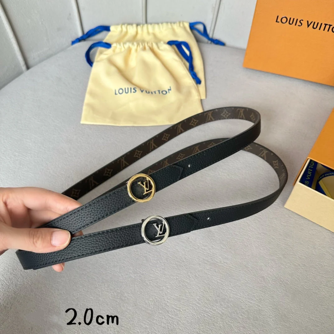 LV Circle 20mm Reversible Belt Silver Buckle Black Brown Leather