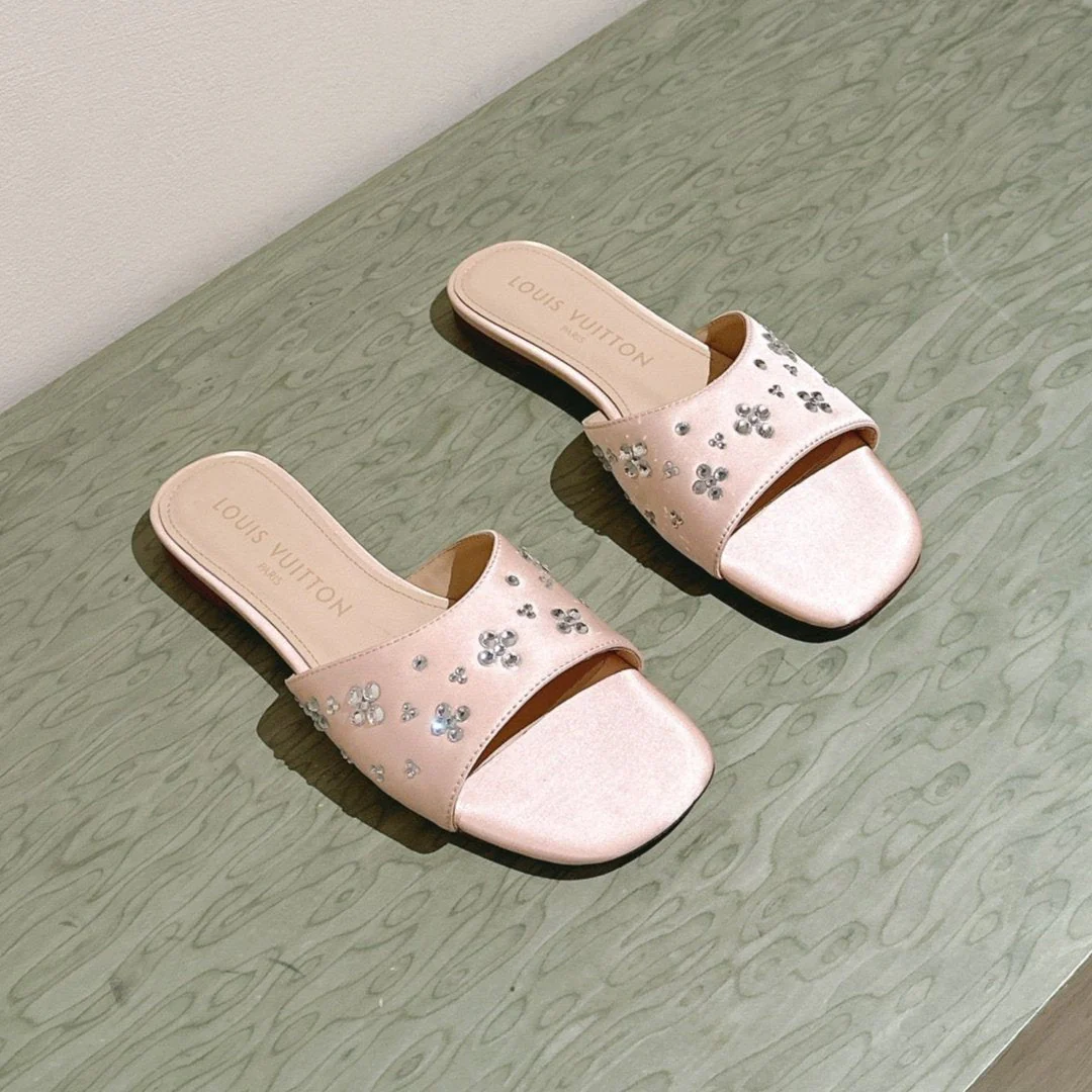 LV WOMEN FLAT MULE IN ALMOND BEIGE SATIN WITH RHINESTONE