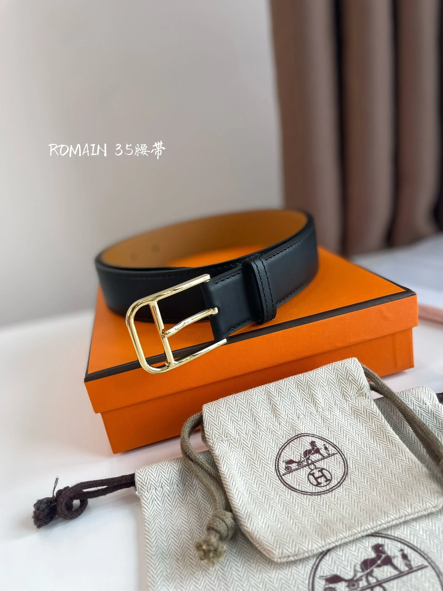 HM ROMAIN 35MM BELT BLACK LEATHER GOLD HARDWARE