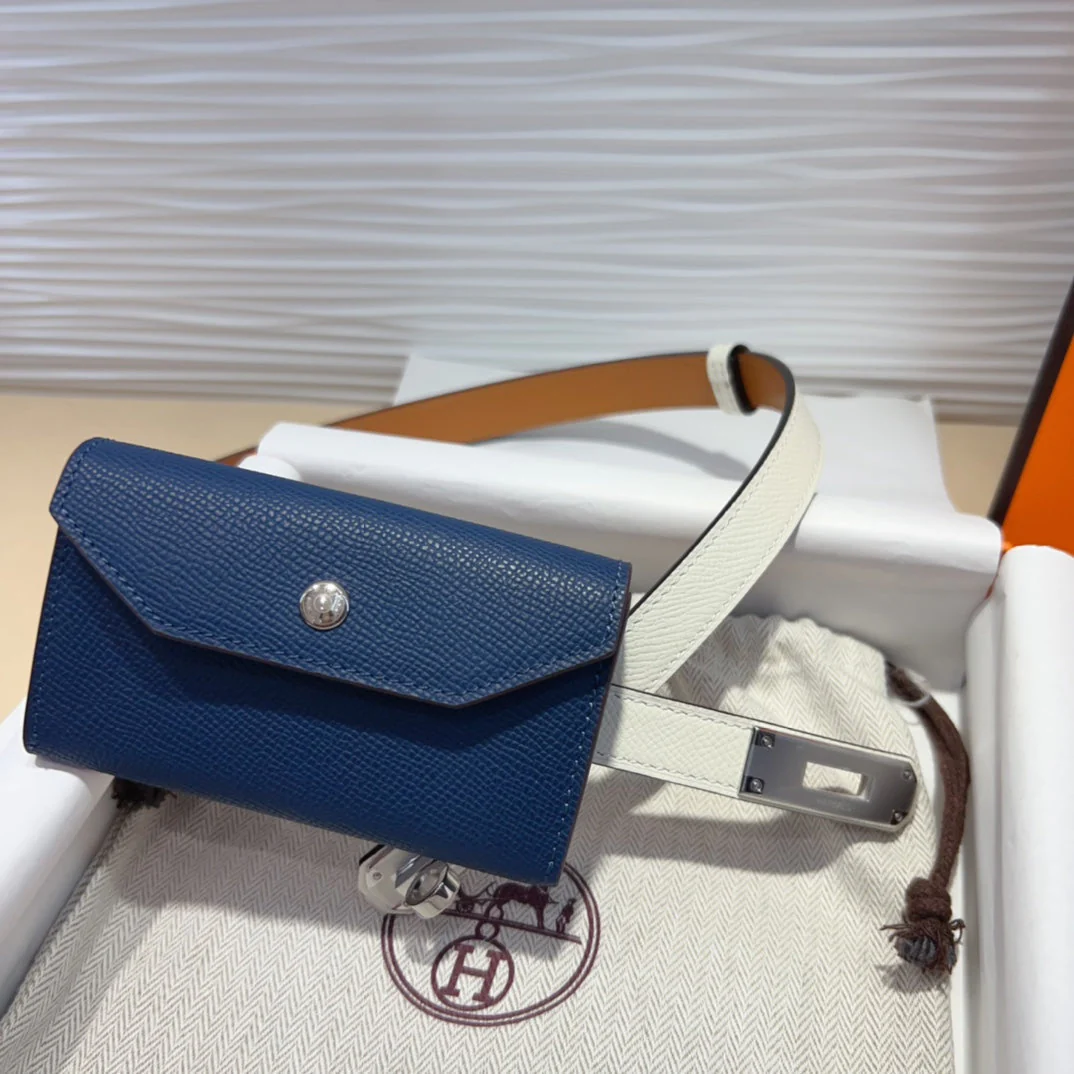 HM KELLY NAVY BLUE POCKET 18MM BELT WHITE LEATHER SILVER HARDWARE