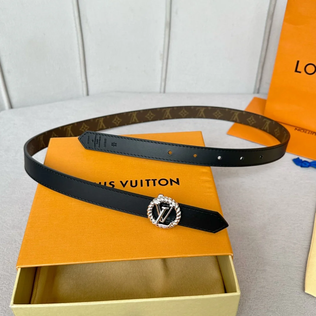 LV Circle Nautical 20mm Reversible Belt Silver Buckle Black Brown Lambskin