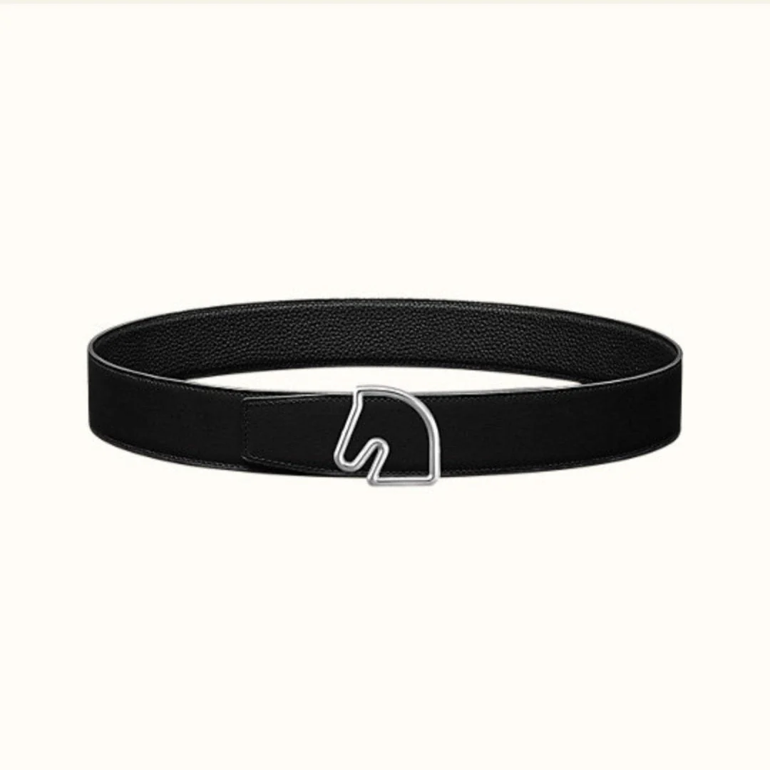 BOUCLE BELT BUCKLE & REVERSIBLE BLACK AND WHITE LEATHER STRAP 38MM SILVER HARDWARE