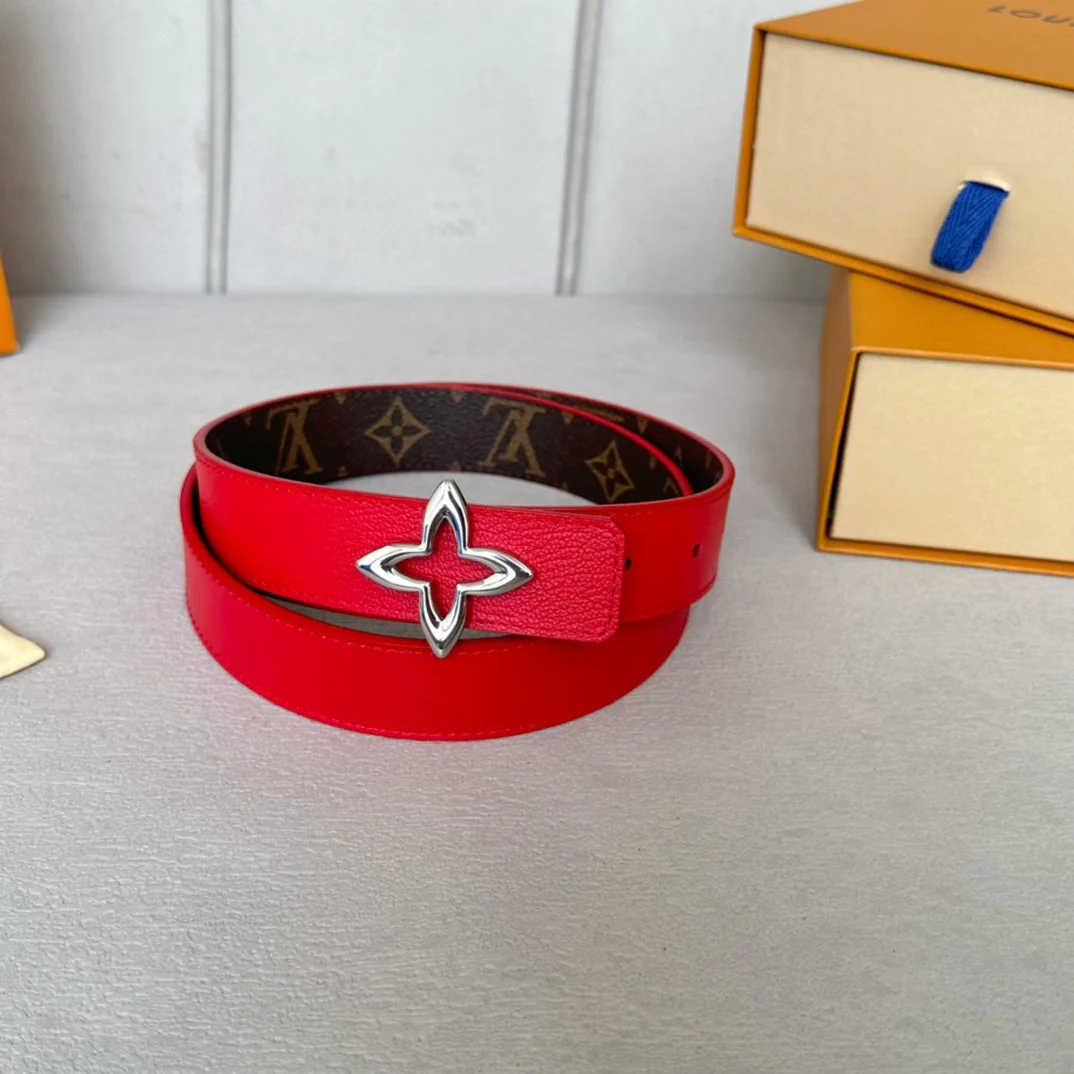 LV Flowergram 30mm Reversible Belt Silver Buckle Red Brown Leather