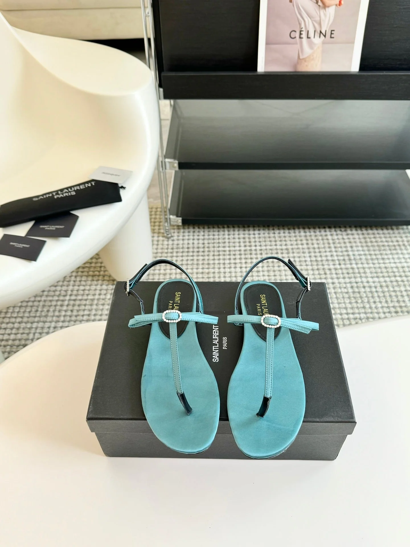 SL CRYSTAL T-STRAP FLAT SANDAL SAPPHIRE SATIN