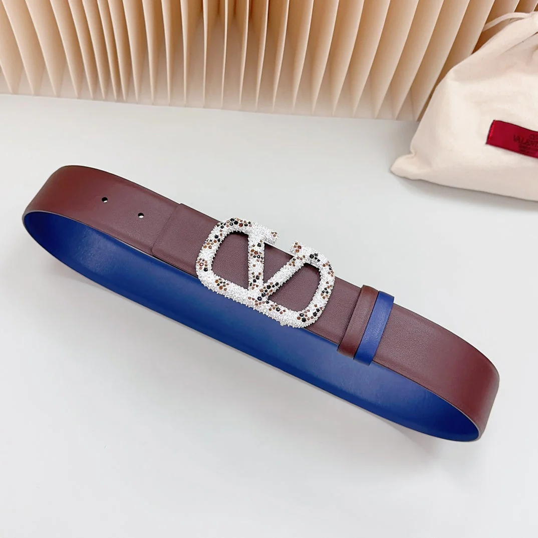 Vlogo Brown Black White Stone Silver Buckle Belt 40mm Chocolate Blue Leather