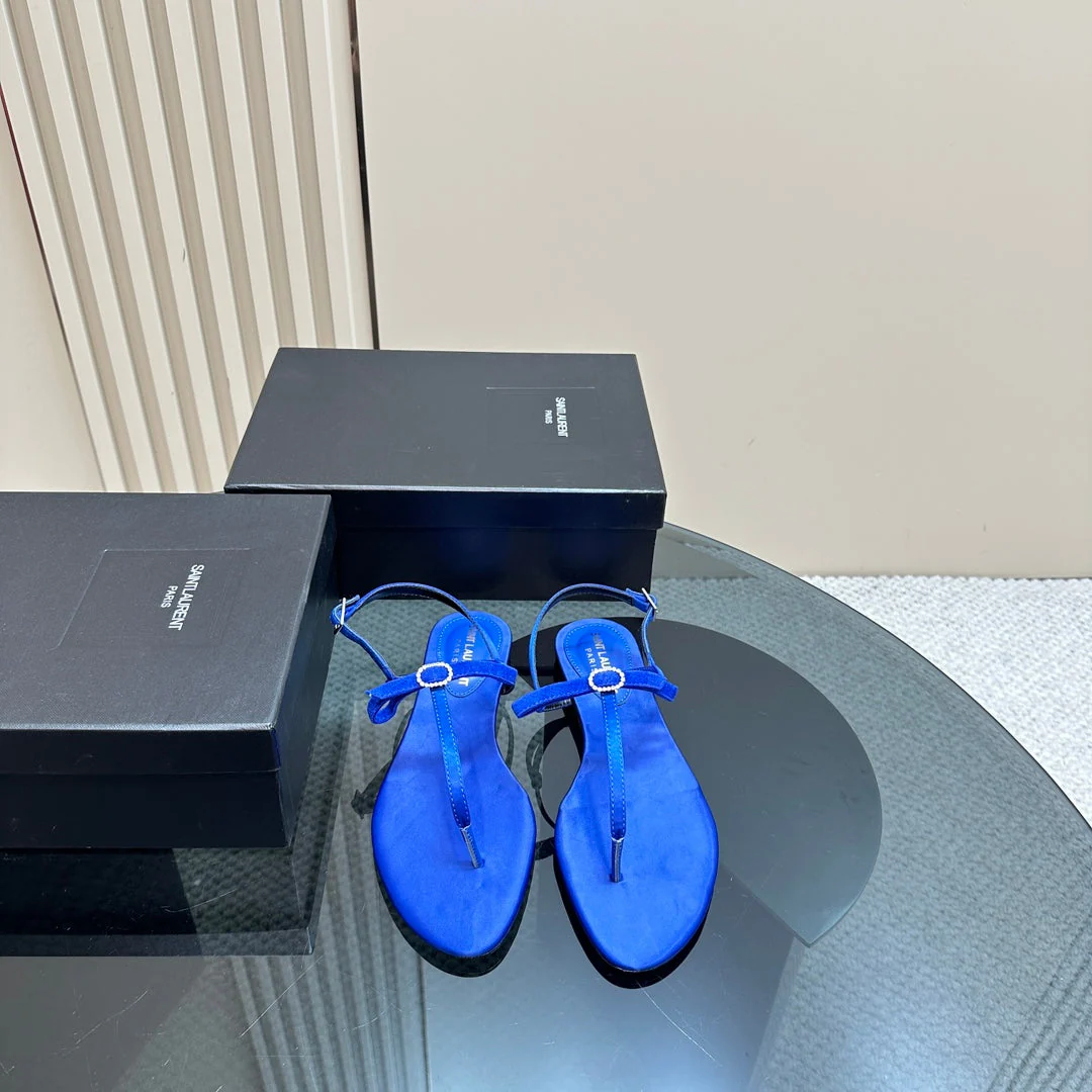 SL CRYSTAL T-STRAP FLAT SANDAL COBALT SATIN