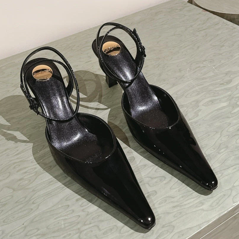 AIMÉE HIGH 8 CM SLINGBACK PUMPS IN BLACK PATENT CALFSKIN