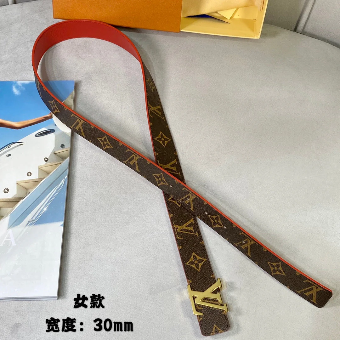 LV FLOWERGRAM 30MM REVERSIBLE BELT IN CHERRY RED CALFSKIN GOLD HARDWARE