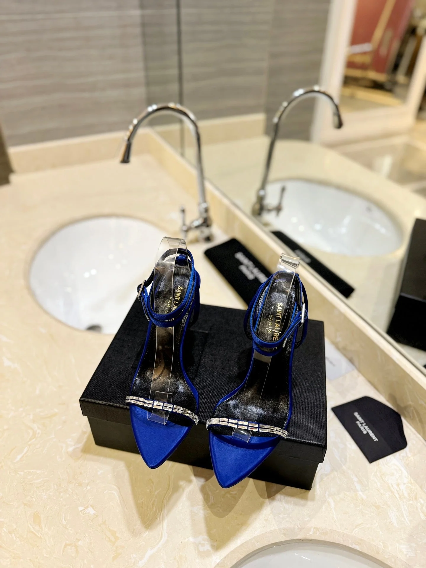 SL RHINESTONE HEELED SANDALS COBALT SATIN