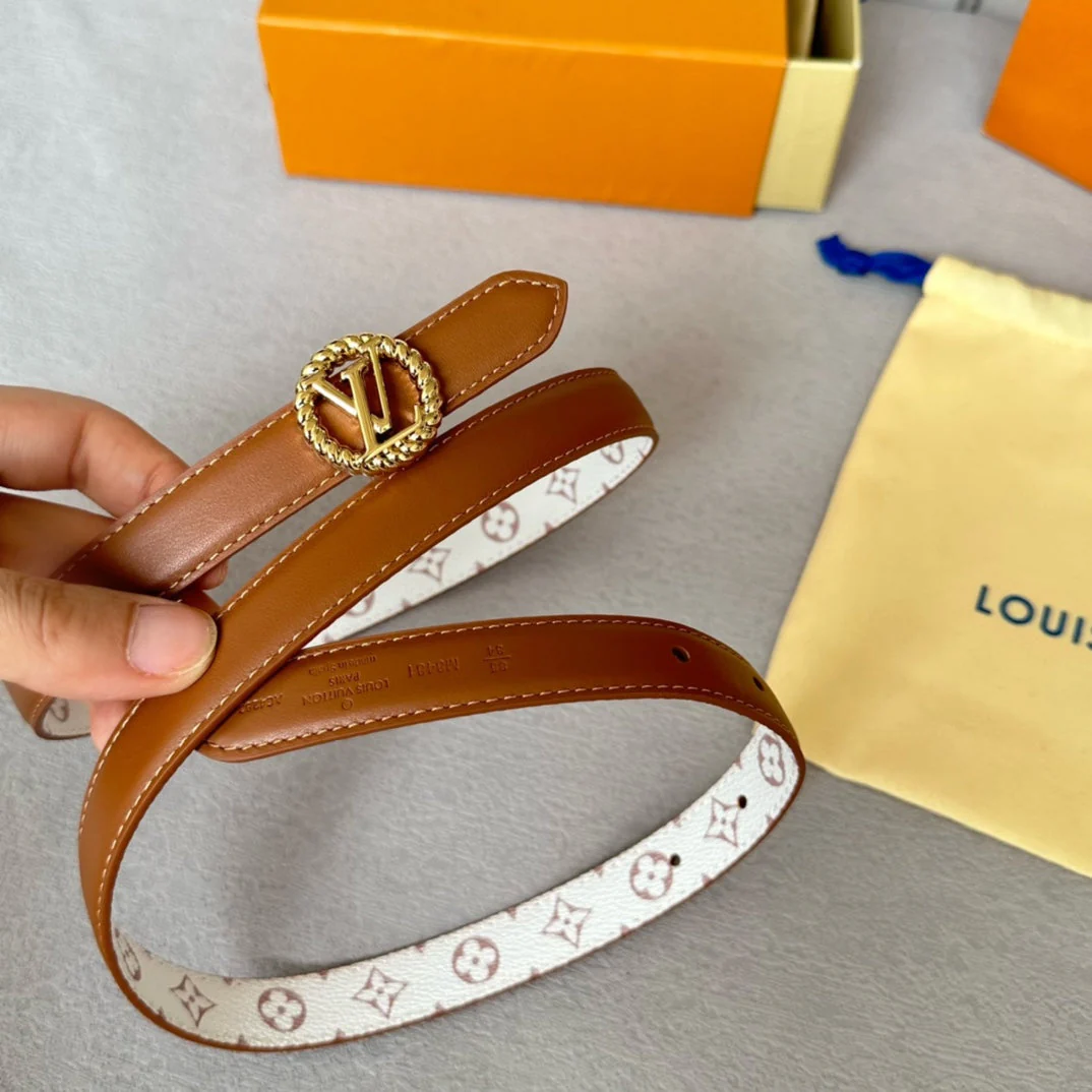 LV Circle Nautical 20mm Reversible Belt Gold Buckle Tan White lambskin