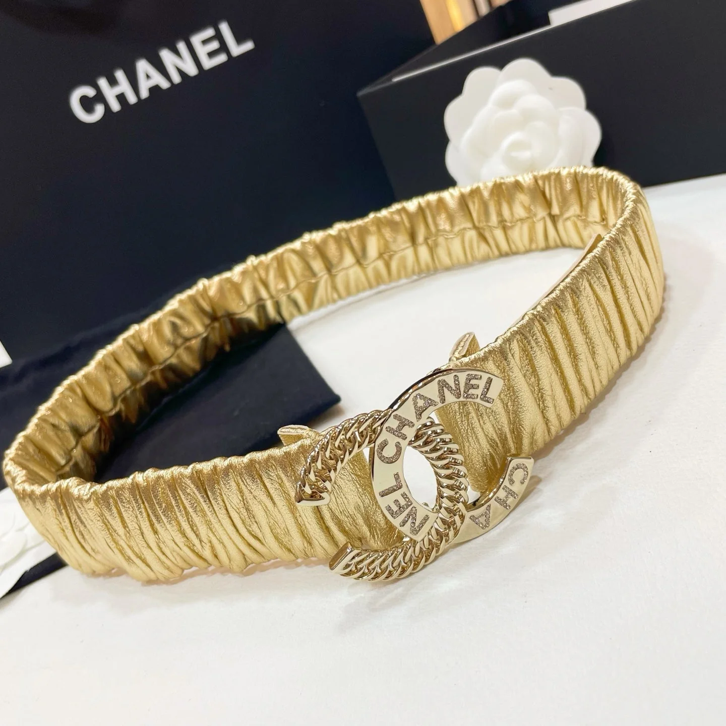 DOUBLE C ELASTIC BELT 30MM IN YELLOW CALFSKIN GOLD CRYSTAL EMBELLISHED BUCKLE