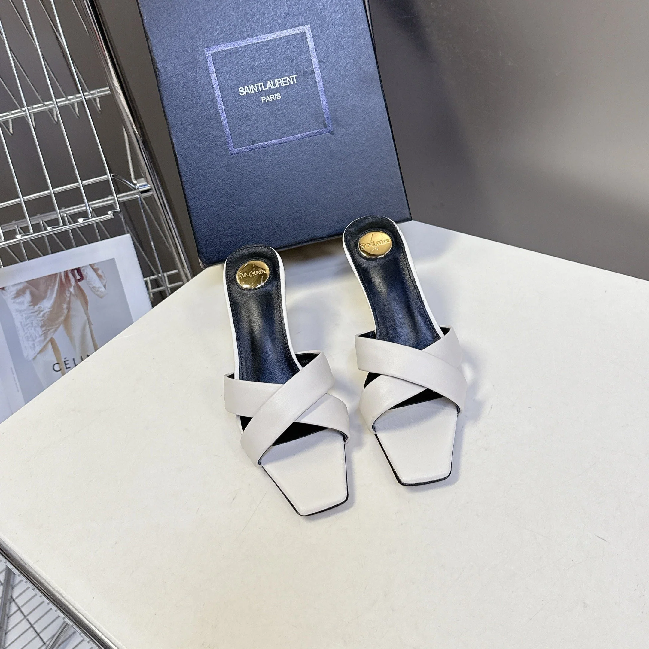 YSL 25S JILL MULES 75MM IN WHITE SMOOTH CALFSKIN