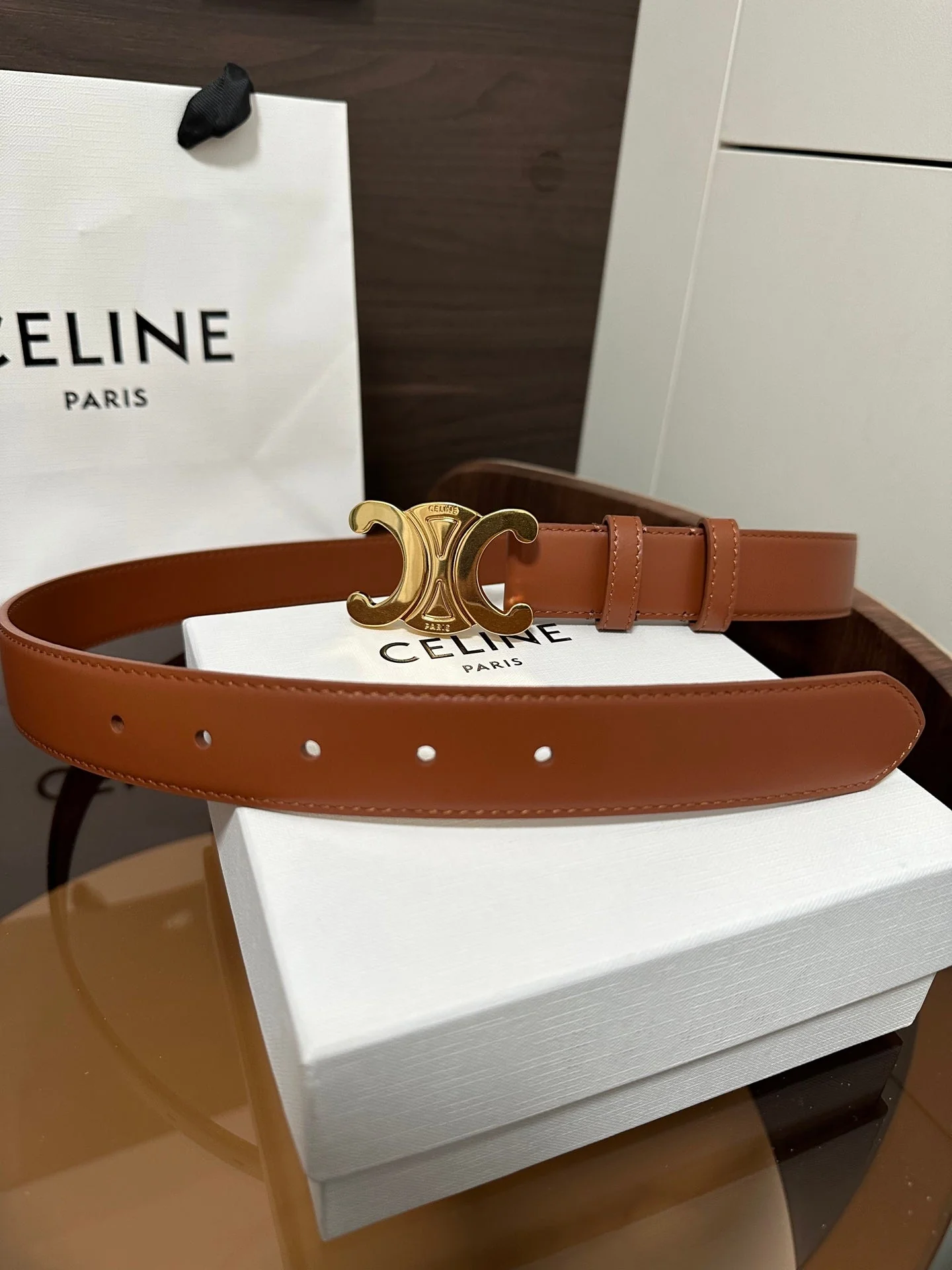 TRIOMPHE BELT 30MM IN BROWN CALFSKIN WITH GOLD BUCKLE