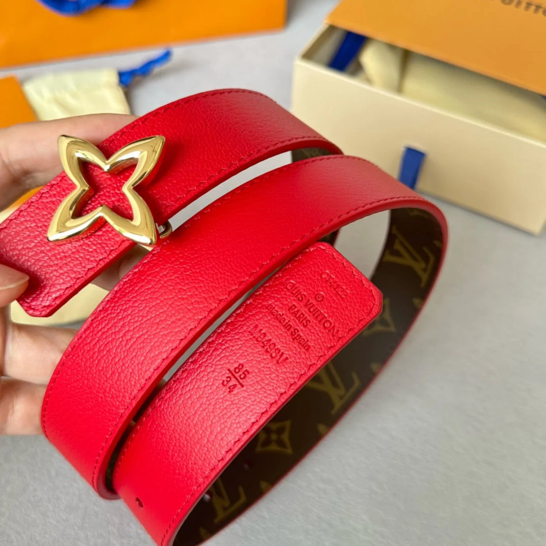 LV  MINI FLOWERGRAM 30MM REVERSIBLE BELT IN CHERRY RED CALFSKIN GOLD HARDWARE