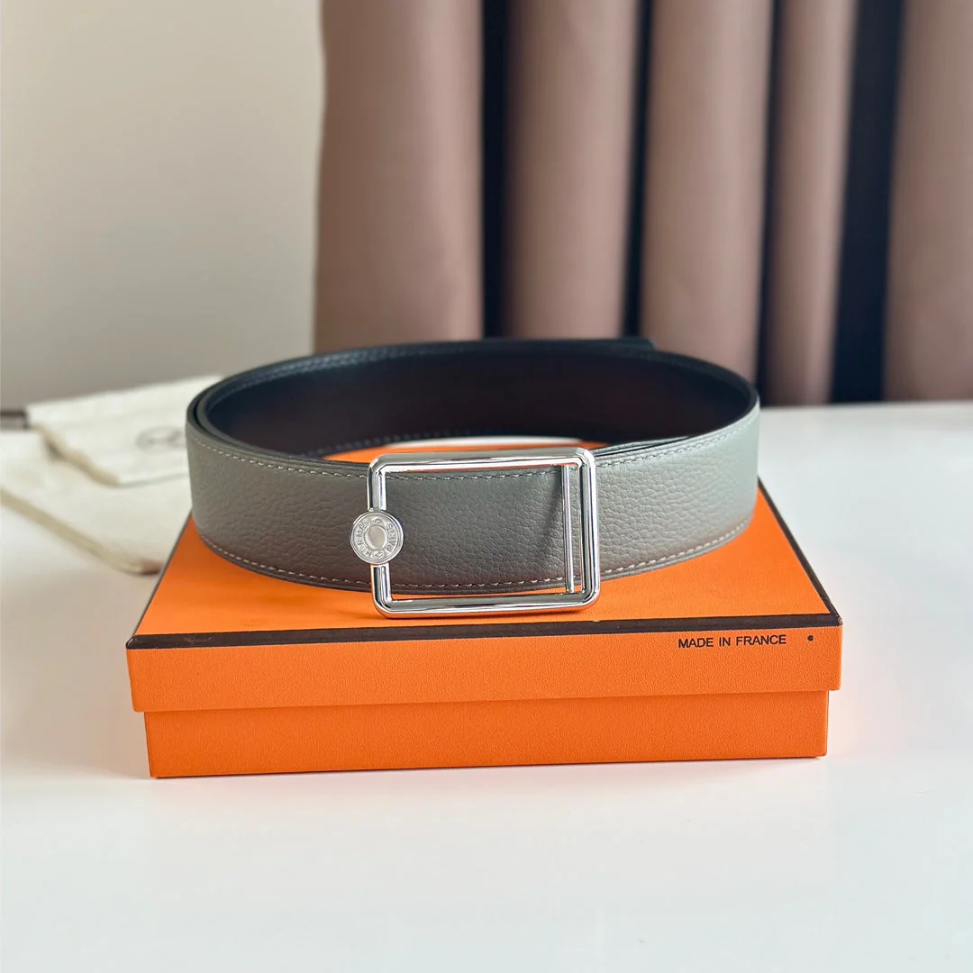HM OSCAR BELT BUCKLE & REVERSIBLE BLACK AND ASH GREY LEATHER STRAP 38MM SILVER HARDWARE