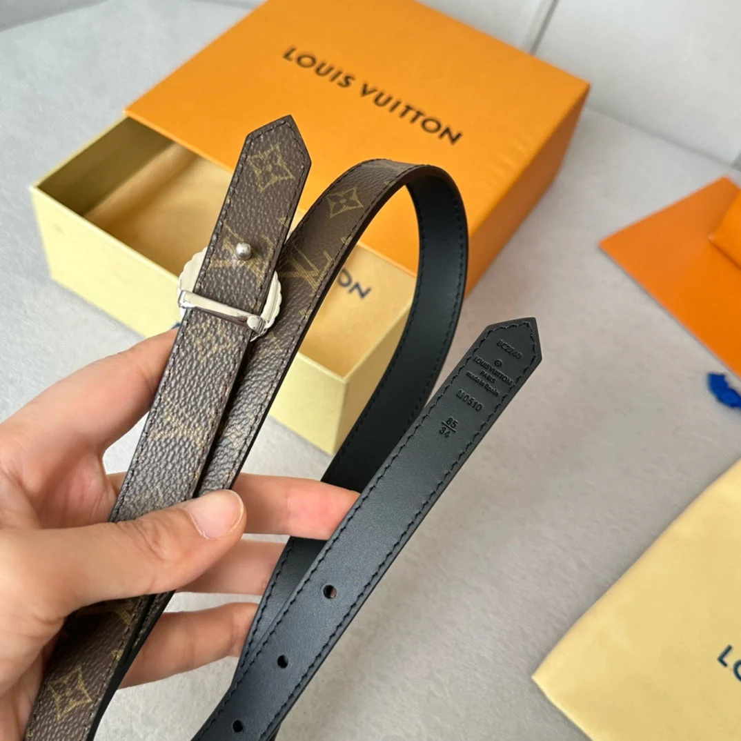 LV Circle Nautical 20mm Reversible Belt Silver Buckle Black Brown Lambskin