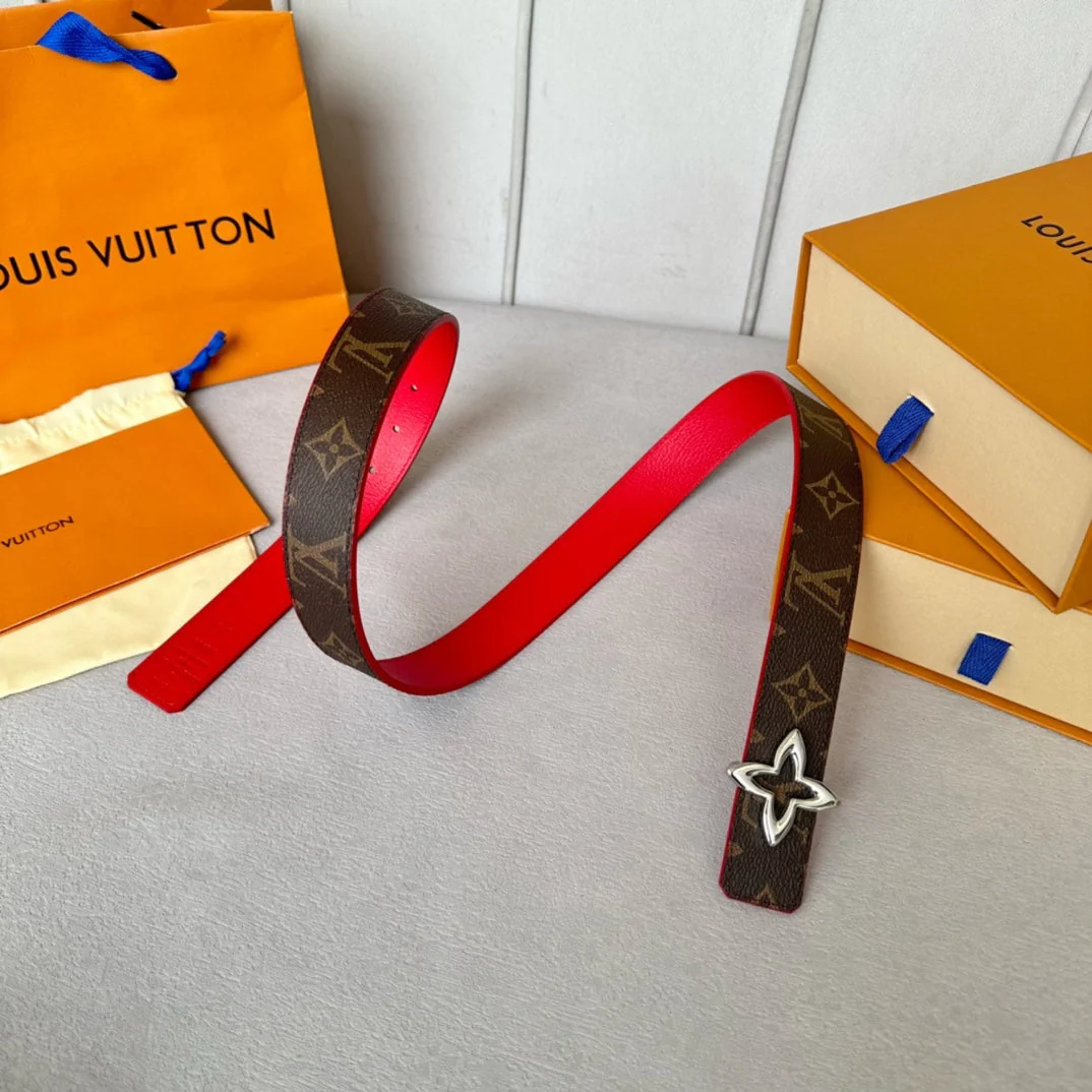 LV Flowergram 30mm Reversible Belt Silver Buckle Red Brown Leather