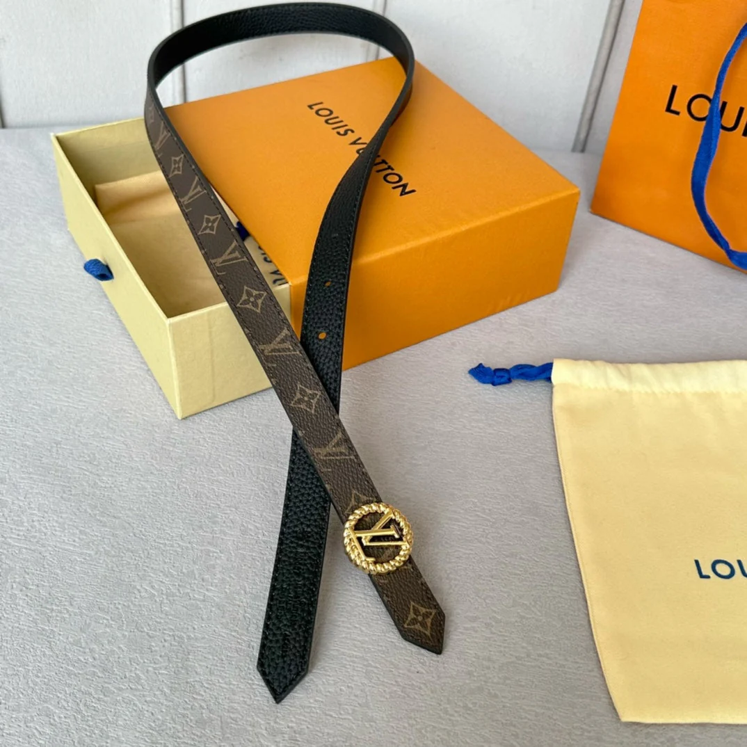 LV Circle Nautical 20mm Reversible Belt Gold Buckle Black Brown Leather