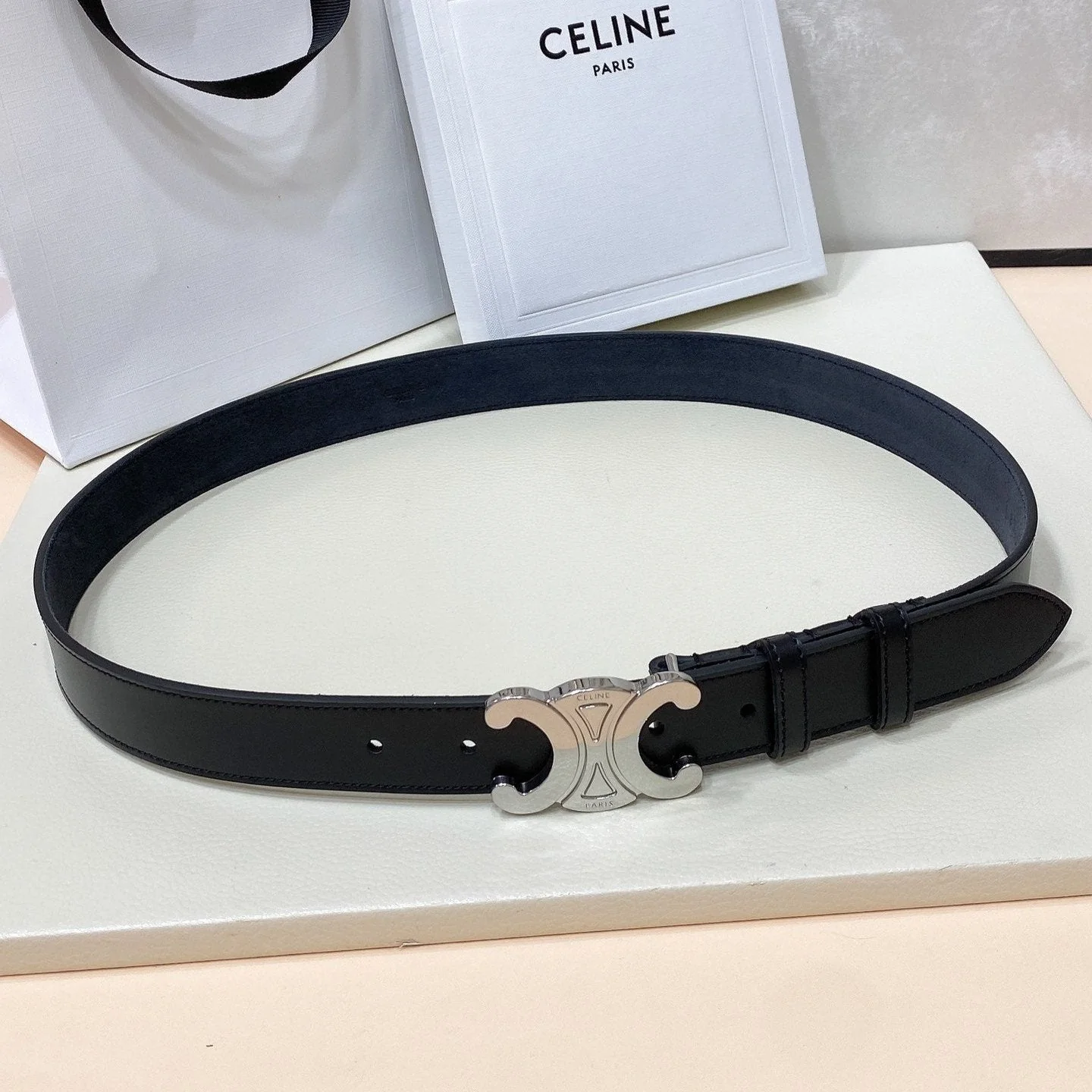 CL LARGE 30 MM TRIOMPHE BELT IN BLACK AND SILVER HARDWARE