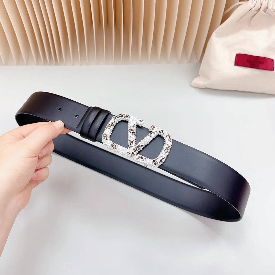 Vlogo Brown Black White Stone Silver Buckle Belt 40mm Black Leather