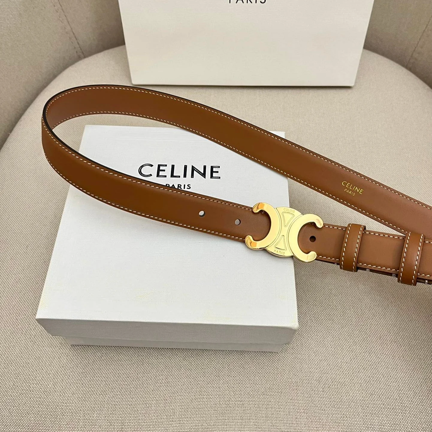 CELINE 25S TRIOMPHE 25MM BELT IN CARAMEL CALFSKIN GLOD HARDWARE