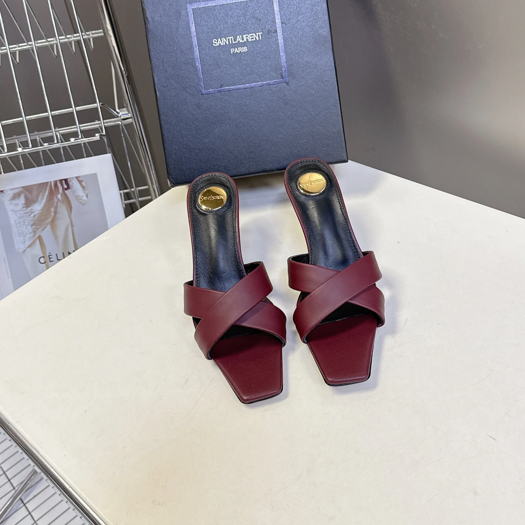 YSL 25S JILL MULES 75MM IN MAHOGANY RED SMOOTH CALFSKIN