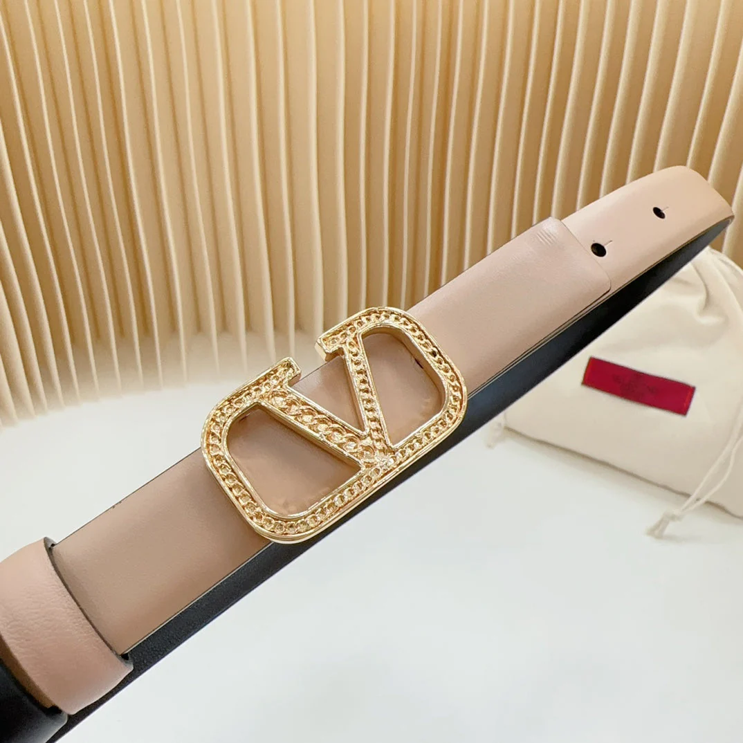 Vlogo Buckle Water Wave Gold Copper Glossy Beige Black Leather 20mm Belt